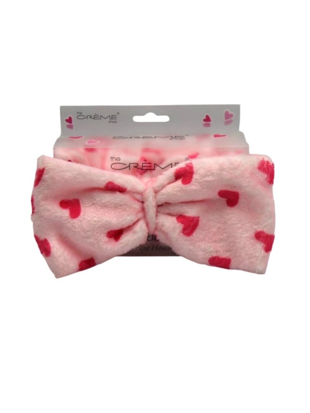 The Crème Shop Teddy Headband Plush Spa Headband Red Hearts on Pink Bow